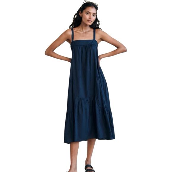 Jenni Kayne Dress XXL 14 Cotton Linen Midi Pullover Tiered Navy Prairie - Picture 1 of 11